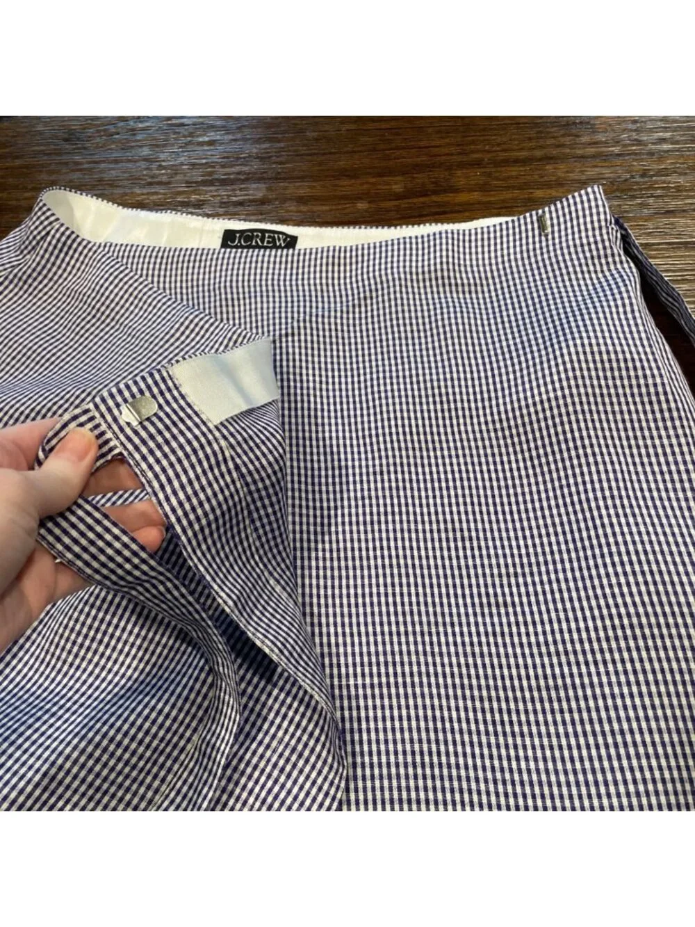 NWT J.Crew Faux Wrap Skirt Sz 6 Blue White Gingham Preppy Coastal Knee Length